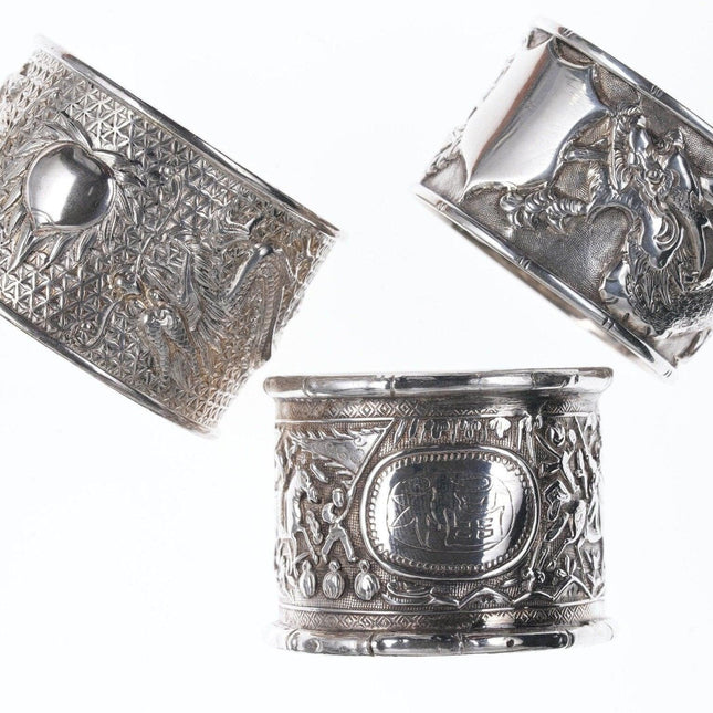 3 Antique Chinese Silver repousse napkin rings - Estate Fresh Austin