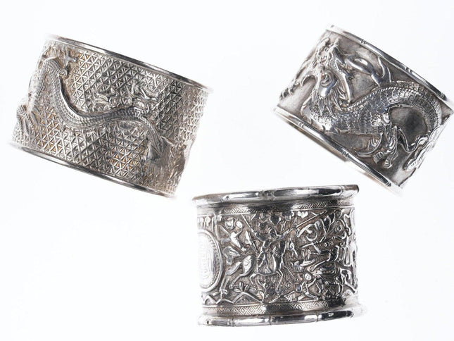 3 Antique Chinese Silver repousse napkin rings - Estate Fresh Austin