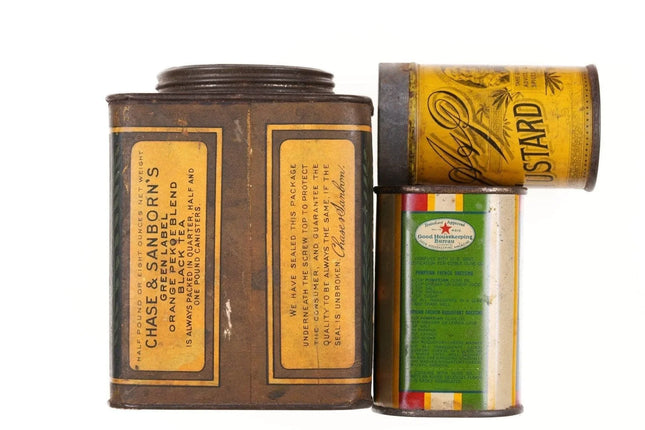 3 Antique Kitchen Tins Olive Oil Chase and Sanborn's Orange Pekoe Tea Sultana Mu - Estate Fresh Austin