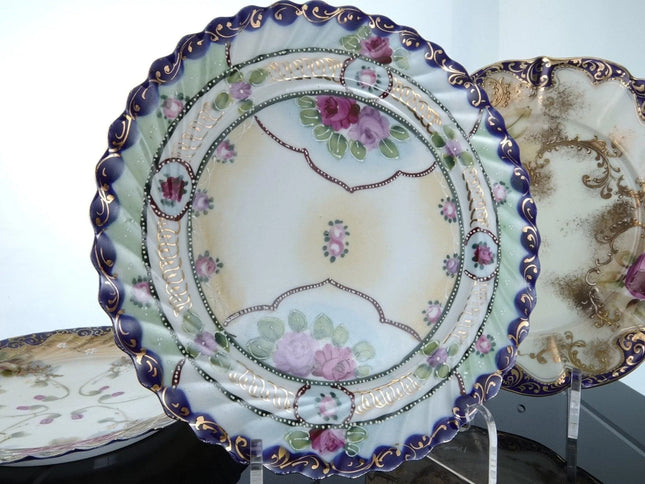 3 c1900 Nippon Cobalt Blue Hand Painted Roses Plates - Estate Fresh Austin
