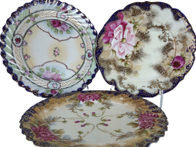 3 c1900 Nippon Cobalt Blue Hand Painted Roses Plates - Estate Fresh Austin
