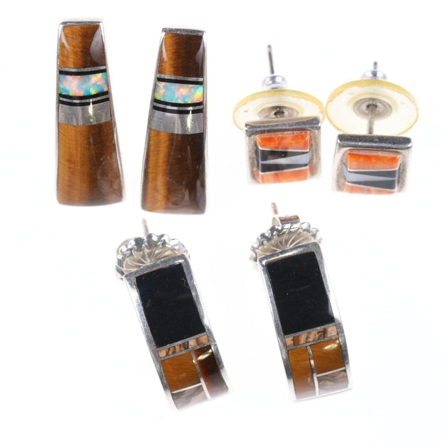 3 pr Marie Tsosie Navajo and other sterling Multi-stone channel inlay earrings - Estate Fresh Austin
