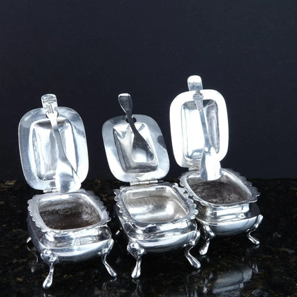 3 Vintage Sanborns Sterling Salt Dips with hinged lids/spoons - Estate Fresh Austin