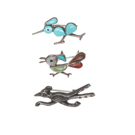 3 Vintage Zuni and Navajo silver turquoise inlay Roadrunner pins - Estate Fresh Austin
