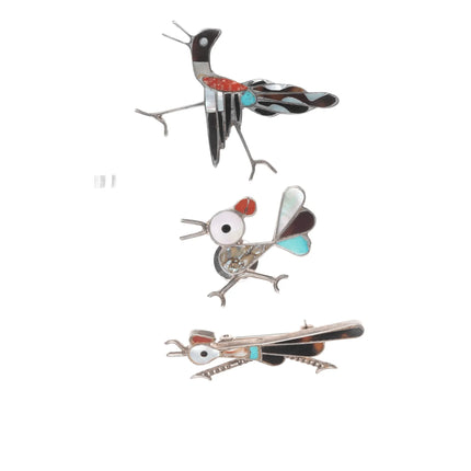 3 Vintage Zuni silver inlay Roadrunner pins - Estate Fresh Austin