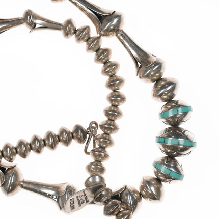 30" Orville Tsinnie 11mm-22mm Navajo pearl necklace with channel inlay turquoise. - Estate Fresh Austin