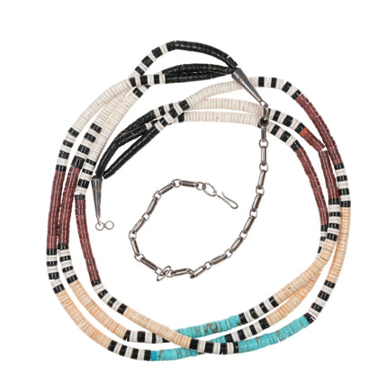 30" Vintage Santo Domingo Sterling, turquoise, shell 3 strand heishi necklace - Estate Fresh Austin