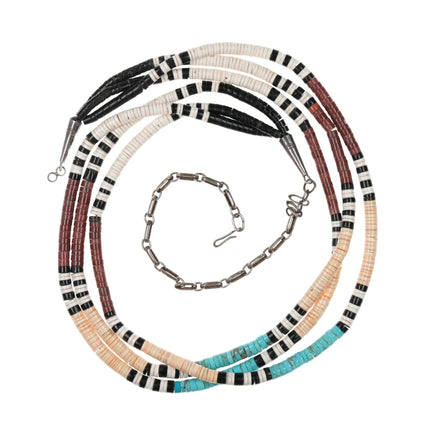 30" Vintage Santo Domingo Sterling, turquoise, shell 3 strand heishi necklace - Estate Fresh Austin