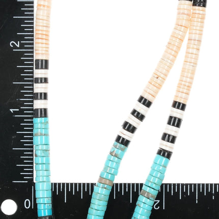 30" Vintage Santo Domingo Sterling, turquoise, shell 3 strand heishi necklace - Estate Fresh Austin