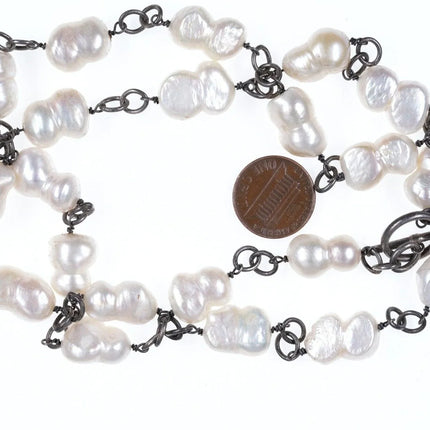 30" Vintage Sterling mounted Large Freshwater pearl necklace - Estate Fresh Austin