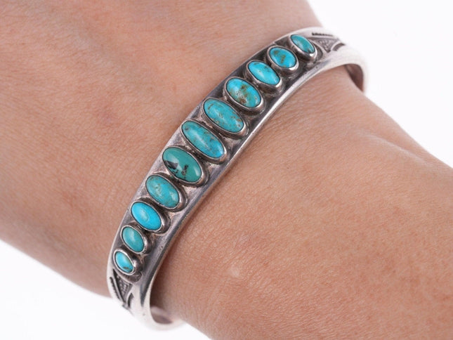 30's - 40's Heavy stamped Navajo silver - turquoise row bracelet - Estate Fresh Austin