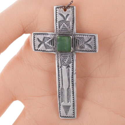 30's-40's Navajo stamped silver and turquoise cross pendant - Estate Fresh Austin