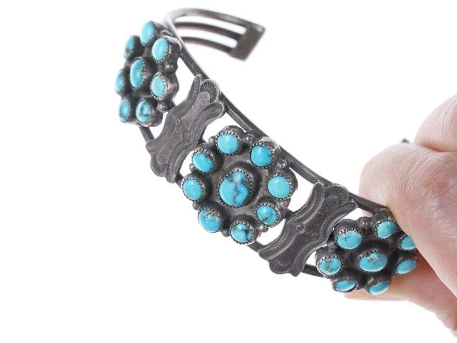 6.625" 30's-40's Navajo stamped silver turquoise cluster bracelet - Estate Fresh Austin
