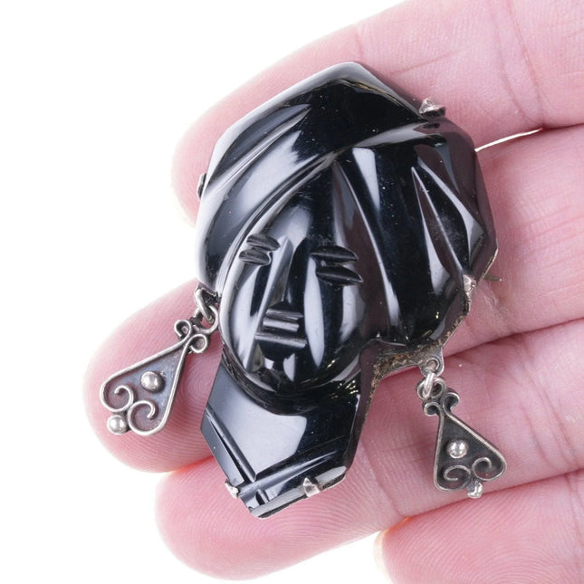 30's-40's Taxco Mexican silver Carved Onyx Aztec warrior pin - Estate Fresh Austin