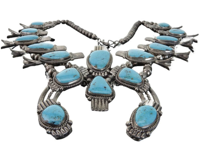 313 gram Vintage Navajo Sterling and Turquoise Squash Blossom Necklace Three Hog - Estate Fresh Austin