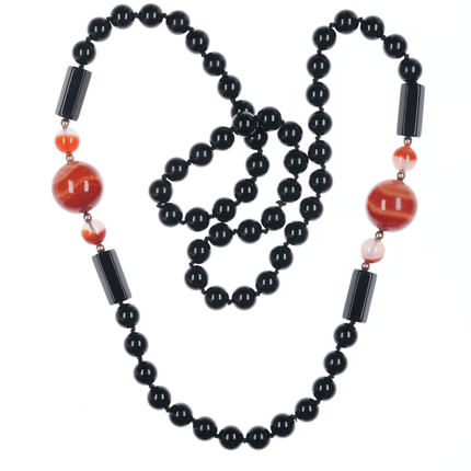 34" Estate Black Jade, 14k, Carnelian beaded necklace - Estate Fresh Austin