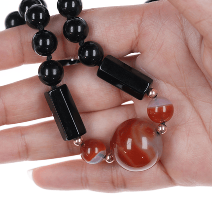 34" Estate Black Jade, 14k, Carnelian beaded necklace - Estate Fresh Austin