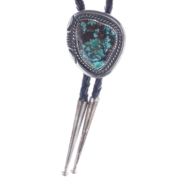 36" 1980's Navajo sterling spiderweb turquoise bolo tie w/copper back - Estate Fresh Austin