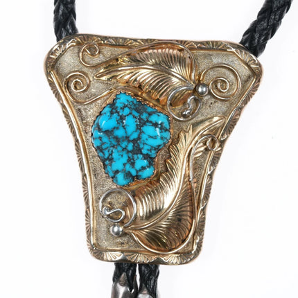 37" Vintage Navajo Black Web Kingman Gold filled sterling bolo tie - Estate Fresh Austin