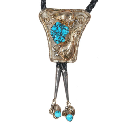 37" Vintage Navajo Black Web Kingman Gold filled sterling bolo tie - Estate Fresh Austin