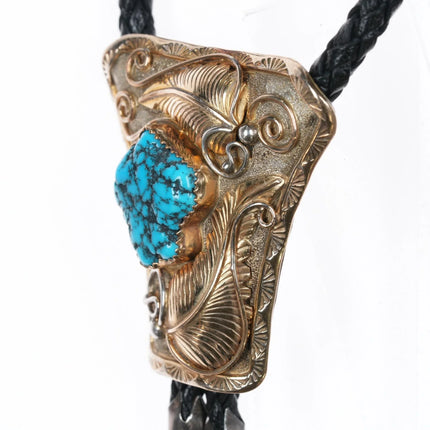 37" Vintage Navajo Black Web Kingman Gold filled sterling bolo tie - Estate Fresh Austin
