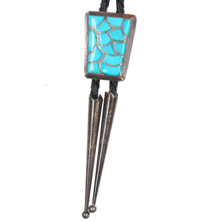 38" Zuni sterling fishscale pattern turquoise channel inlay bolo tie - Estate Fresh Austin