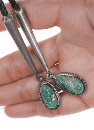 39" 60's - 70's Native American silver and turquoise bolo tie with fancy dangles - Estate Fresh Austin