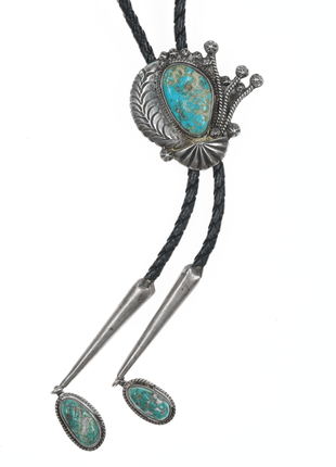 39" 60's - 70's Native American silver and turquoise bolo tie with fancy dangles - Estate Fresh Austin