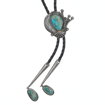 39" 60's - 70's Native American silver and turquoise bolo tie with fancy dangles - Estate Fresh Austin