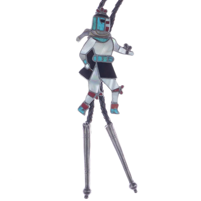 39" c1960 c-31 large Zuni dancer bolo tie channel inlay sterling - Estate Fresh Austin