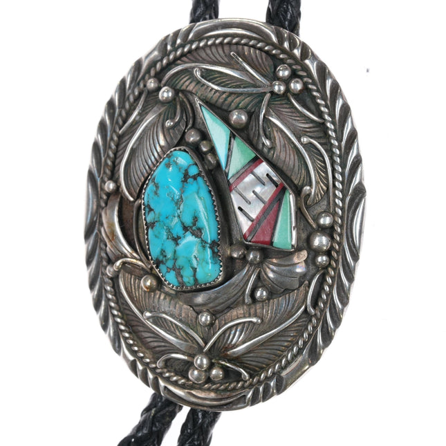 39" L Hale Navajo sterling bolo tie with turquoise/intarsia inlay - Estate Fresh Austin