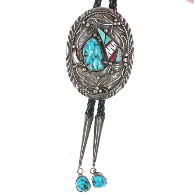 39" L Hale Navajo sterling bolo tie with turquoise/intarsia inlay - Estate Fresh Austin