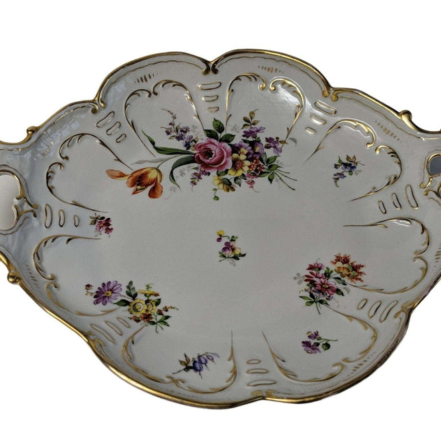 14" c1910 Schierholz Dresden Germany Hand Painted handled Serving Dish