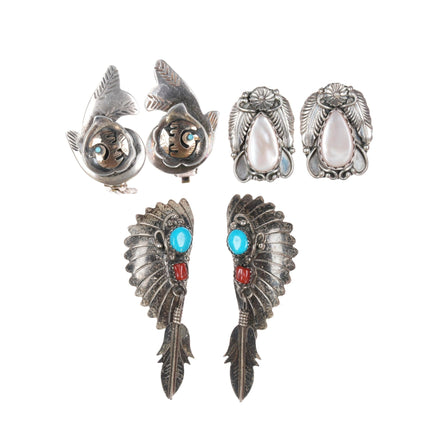 3pr Southwester/Native American sterling clip on earrings lot - Estate Fresh Austin