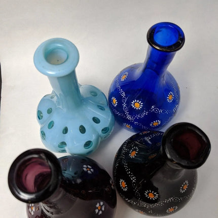 4 Antique Barber Bottles Amethyst Cobalt Blue Opalescent Glass - Estate Fresh Austin