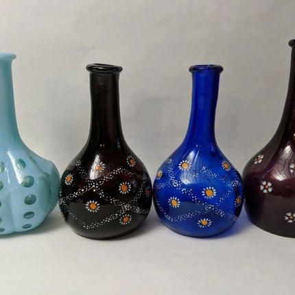 4 Antique Barber Bottles Amethyst Cobalt Blue Opalescent Glass - Estate Fresh Austin