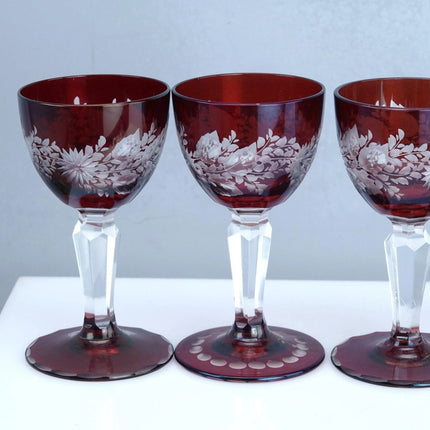 4 Ruby Bohemian Etched Cordial Glasses - Estate Fresh Austin
