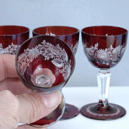 4 Ruby Bohemian Etched Cordial Glasses - Estate Fresh Austin