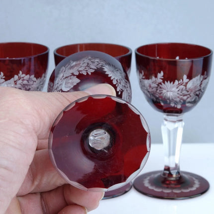 4 Ruby Bohemian Etched Cordial Glasses - Estate Fresh Austin
