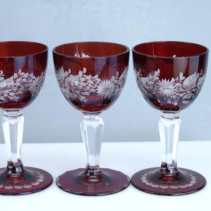 4 Ruby Bohemian Etched Cordial Glasses - Estate Fresh Austin