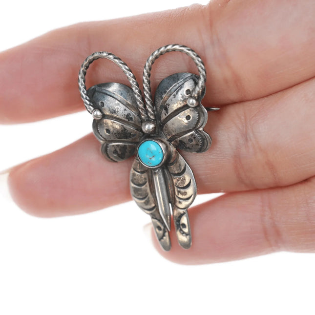 40's-50's Navajo stamped silver butterfly pin with turquoise - Estate Fresh Austin