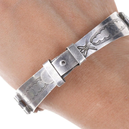 7" 40's-50's Navajo Stamped Silver Waterweb turquoise hinged bracelet - Estate Fresh Austin