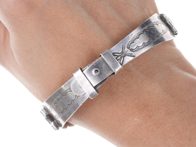 7" 40's-50's Navajo Stamped Silver Waterweb turquoise hinged bracelet - Estate Fresh Austin