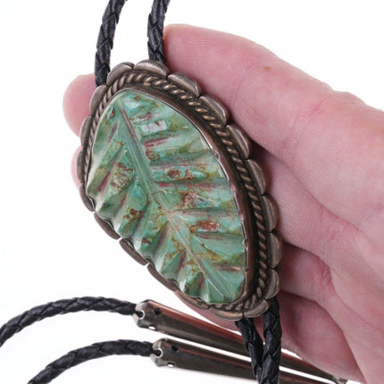 40's-50's Zuni Carved Turquoise Leaf Silver bolo tie - Estate Fresh Austin