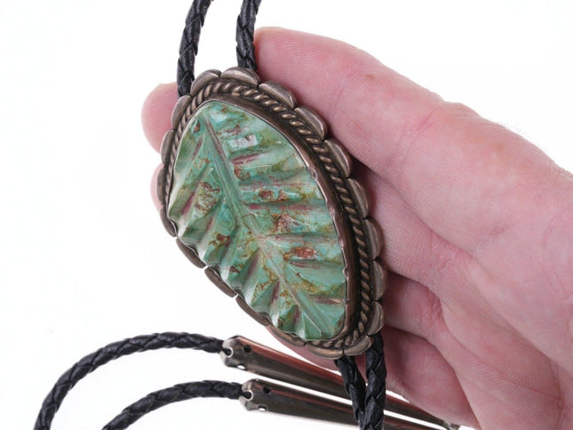 40's-50's Zuni Carved Turquoise Leaf Silver bolo tie - Estate Fresh Austin