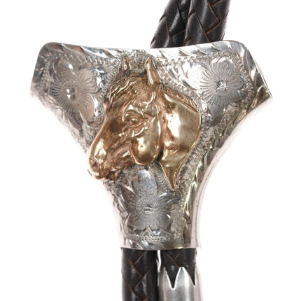 41" Vintage Vic Cedarstaff 10k/Sterling horse head Hand Engraved bolo tie - Estate Fresh Austin