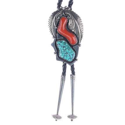 44" c1970 Native American sterling high grade turquoise branch coral bolo tie - Estate Fresh Austin