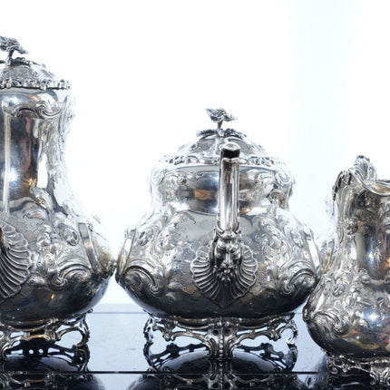 4pc Fanciest c1858 Antique Armorial Sterling Repousse tea set - Estate Fresh Austin