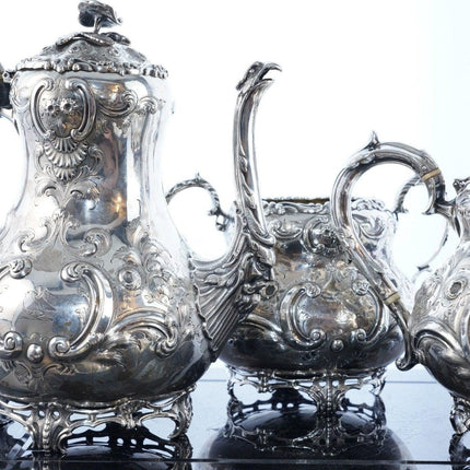 4pc Fanciest c1858 Antique Armorial Sterling Repousse tea set - Estate Fresh Austin