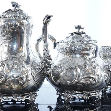 4pc Fanciest c1858 Antique Armorial Sterling Repousse tea set - Estate Fresh Austin